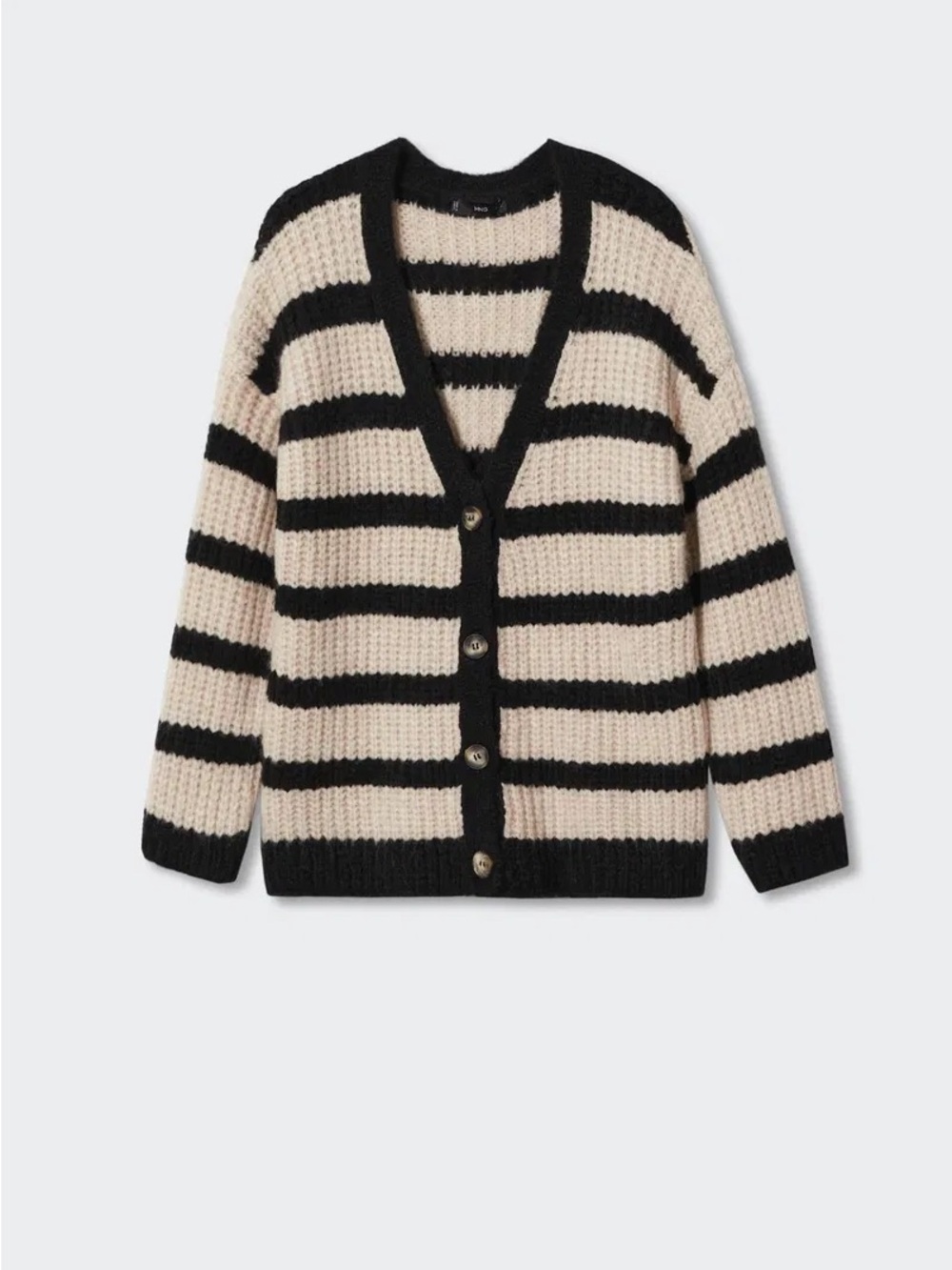 Mango Black Cream Striped Chunky Knit Cardigan Women XS NWT Oversized Cozy